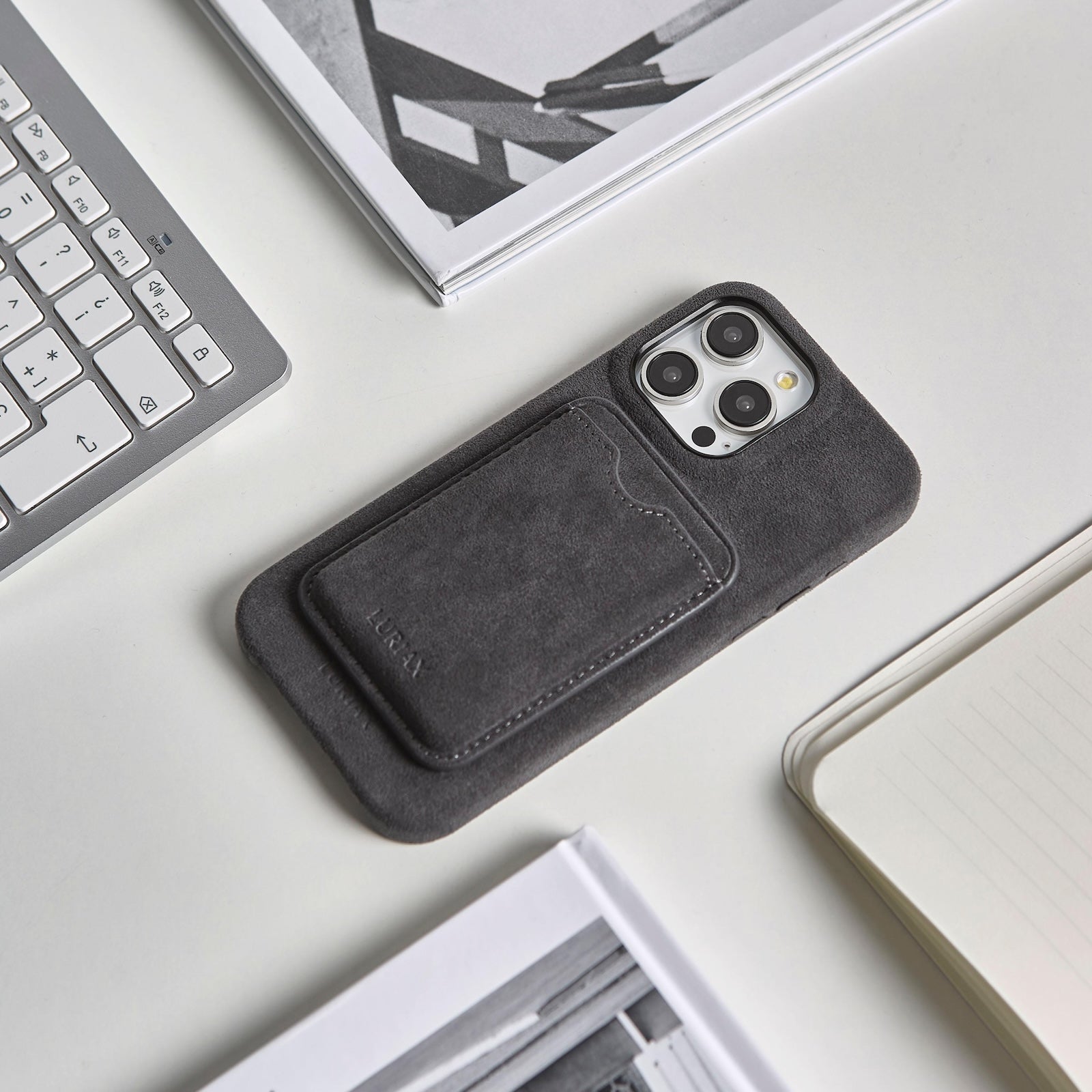 Alcantara Suede iPhone 15 Pro Max Case and MagSafe Wallet - The Classic Case in Black Caviar