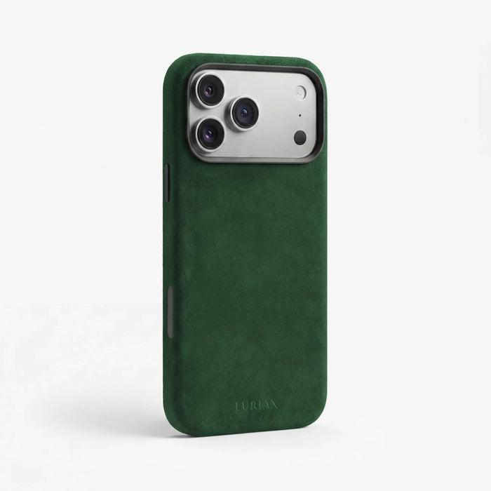 The Modern Case in British Racing Green, Alcantara®, for iPhone 17 Pro Max & iPhone 18 Pro Max — side view | Luriax