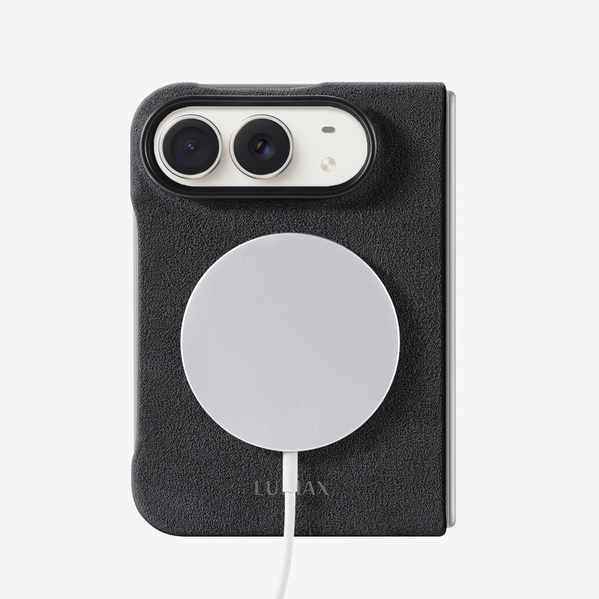 The Modern Case in Black Caviar, Alcantara®, for iPhone Duo — back view with MagSafe charger | Luriax