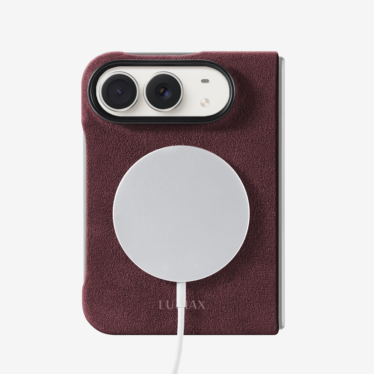The Modern Case in Bordeaux, Alcantara®, for iPhone Duo — back view with MagSafe charger | Luriax