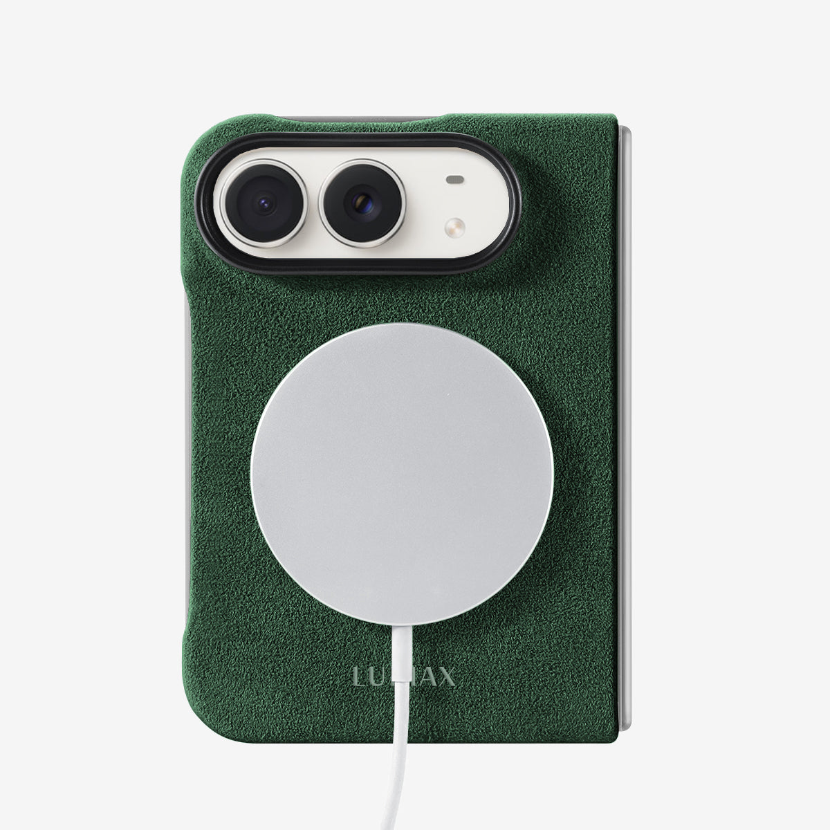 The Modern Case in British Racing Green, Alcantara®, for iPhone Duo — back view with MagSafe charger | Luriax