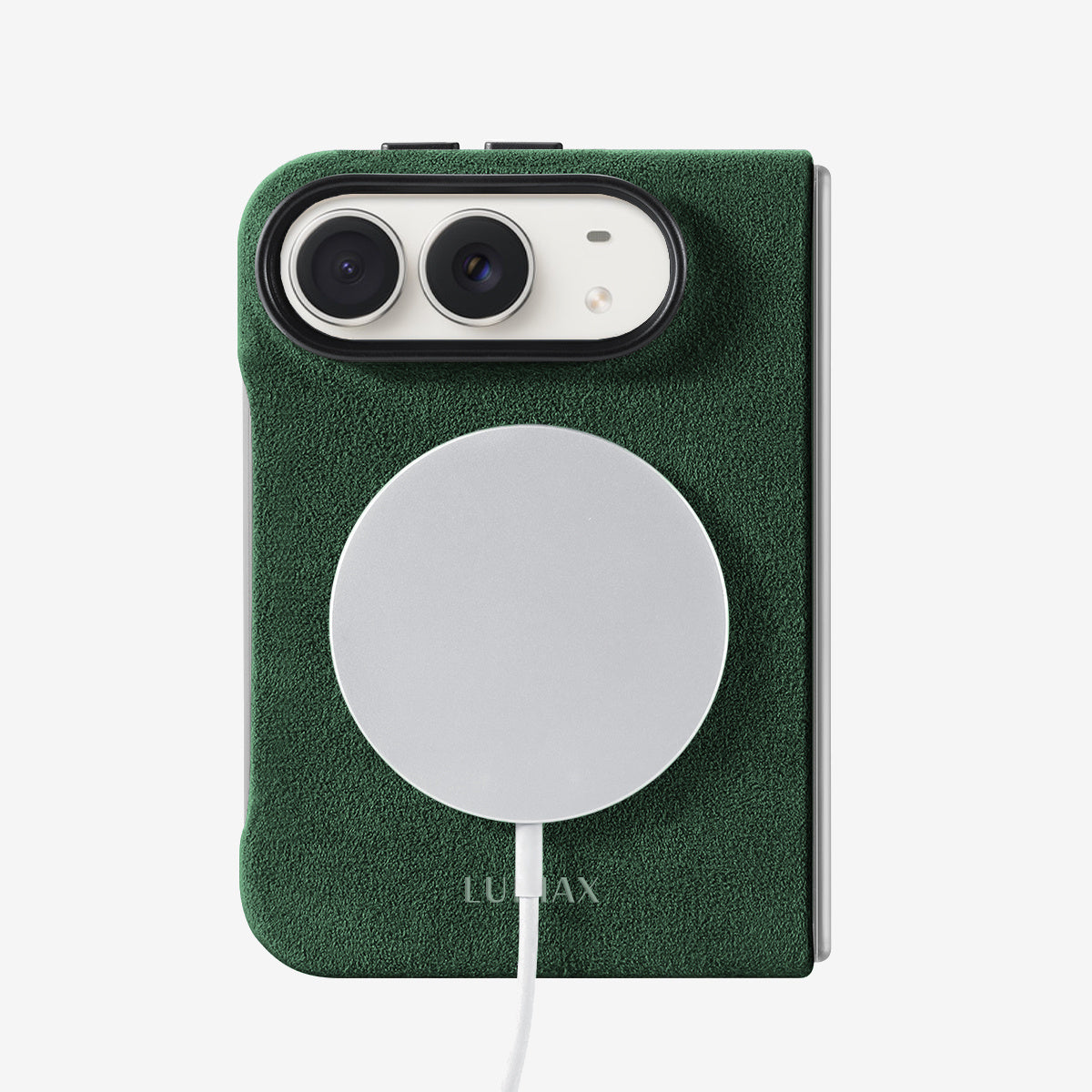 The Modern Case in British Racing Green, Alcantara®, for iPhone Duo — back view with MagSafe charger attached | Luriax
