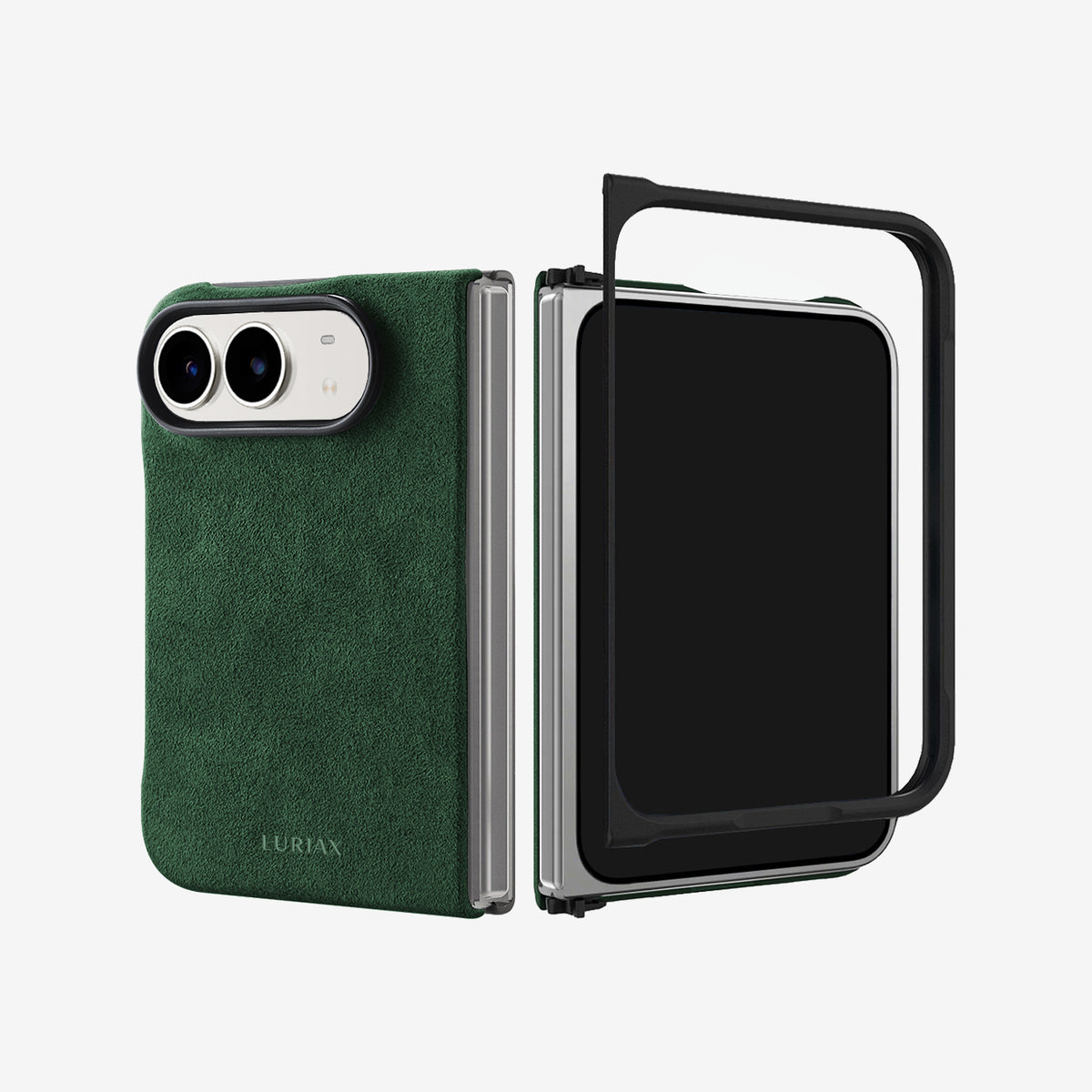 The Modern Case in British Racing Green, Alcantara®, for iPhone Duo — back and front frame | Luriax