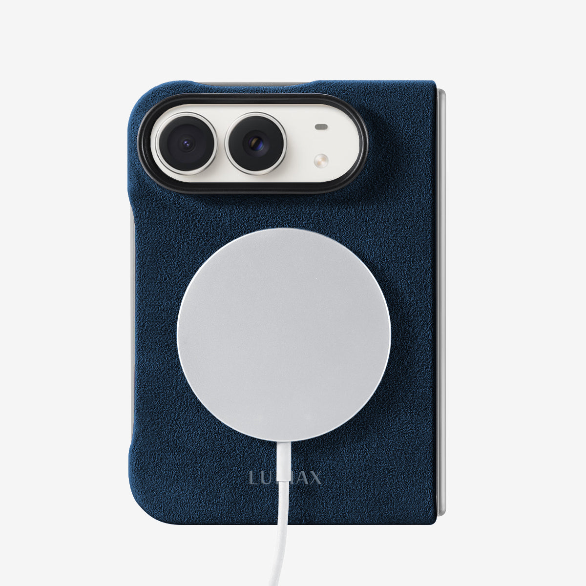 The Modern Case in Midnight Blue, Alcantara®, for iPhone Duo — back view with MagSafe charger | Luriax