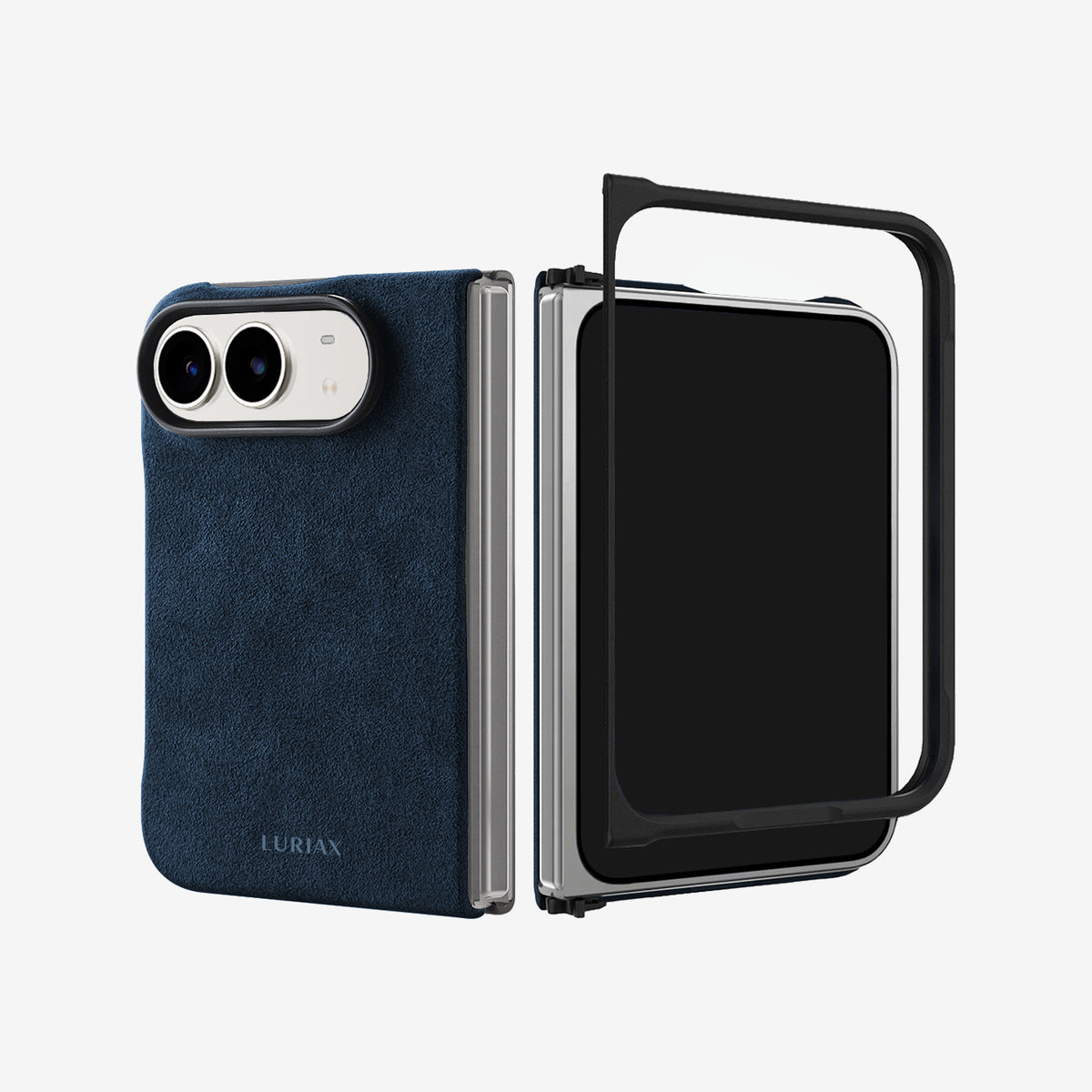 The Modern Case in Midnight Blue, Alcantara®, for iPhone Duo — back and front frame | Luriax