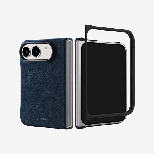 The Modern Case in Midnight Blue, Alcantara®, for iPhone Duo — back and front frame | Luriax