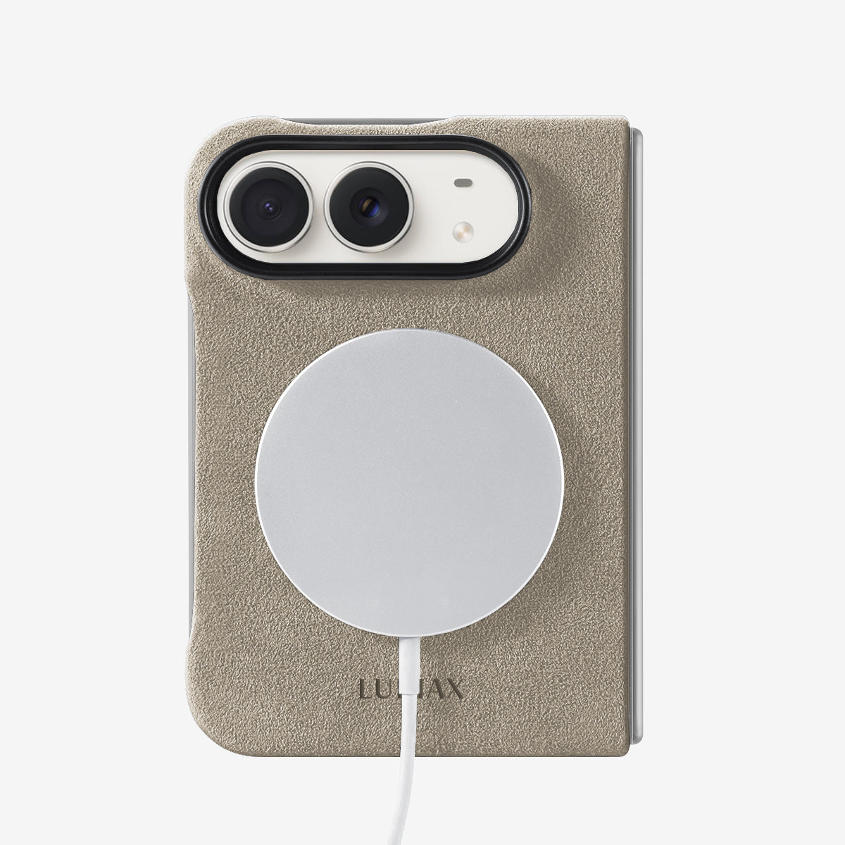 The Modern Case in Sand, Alcantara®, for iPhone Duo — back view with MagSafe charger | Luriax