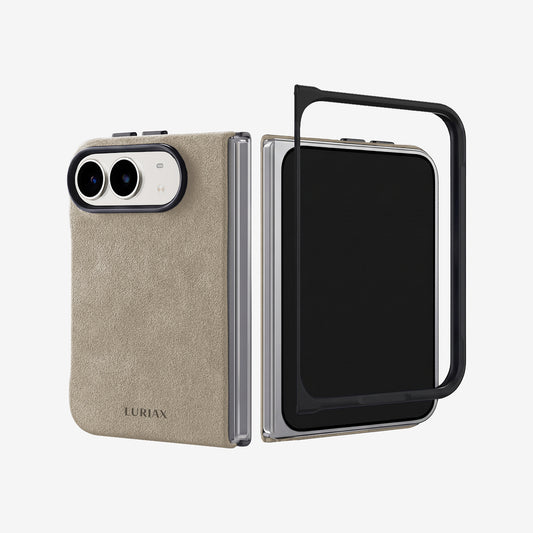 The Modern Case in Sand, Alcantara®, for iPhone Duo — Alcantara back and slim front frame shown as two pieces | Luriax