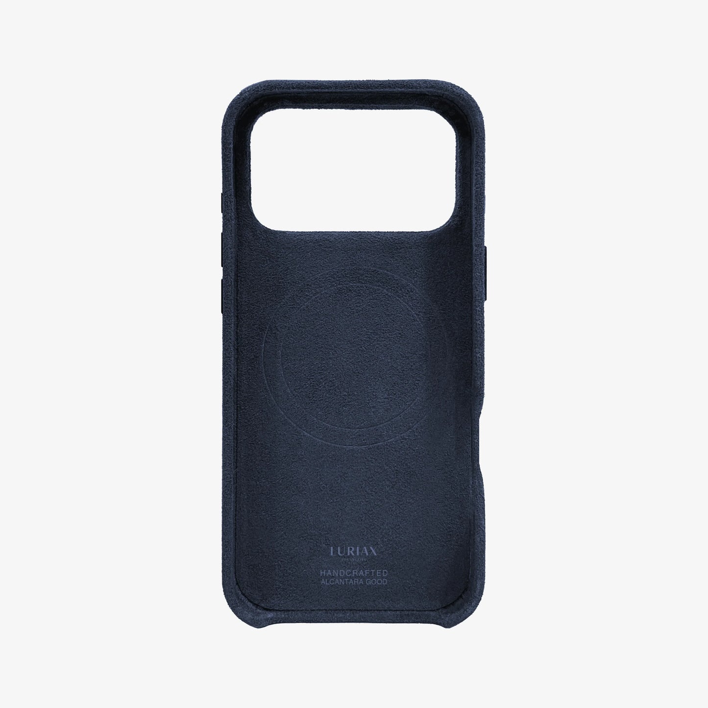The Signature Handcrafted Case — iPhone 18 in Midnight Blue, Alcantara® — back view | Luriax