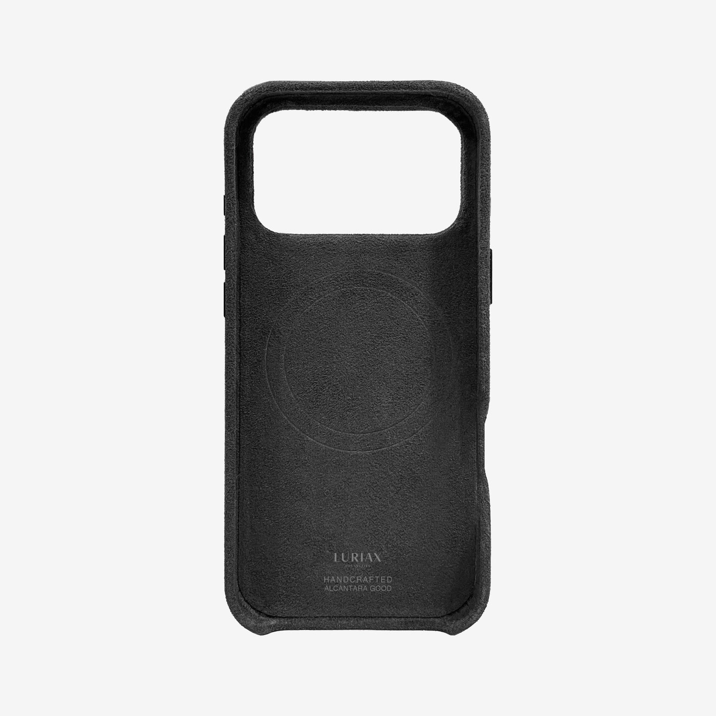 The Signature Handcrafted Case — iPhone 18 in Black Caviar, Alcantara® — back view | Luriax