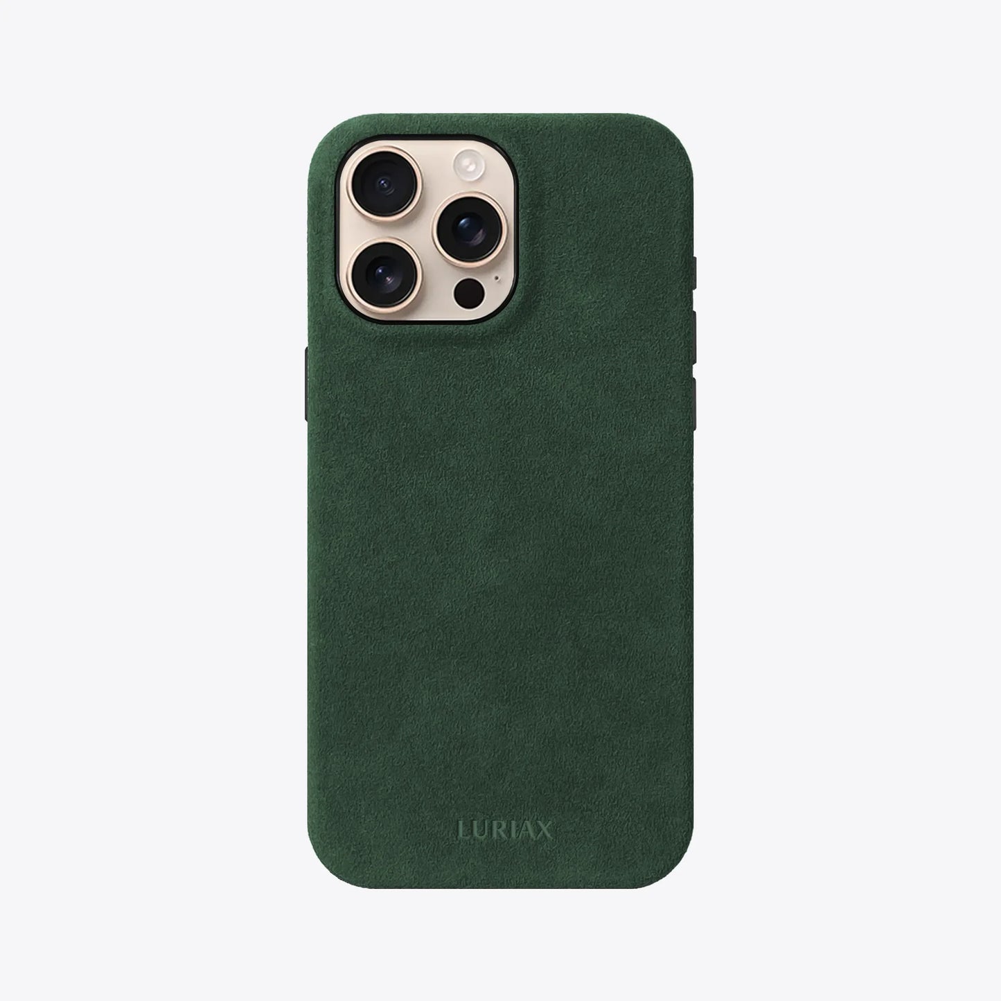 British Racing Green Alcantara iPhone 16 Pro Max Case on Desert Gold