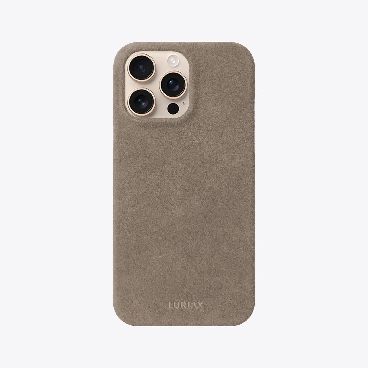 The Sport Alcantara Suede iPhone 16 Pro Max Case in Malibu Beige on Desert Titanium by Luriax - Front View