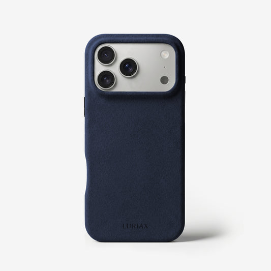The Signature Handcrafted Case — iPhone 18 in Midnight Blue, Alcantara® — front view | Luriax