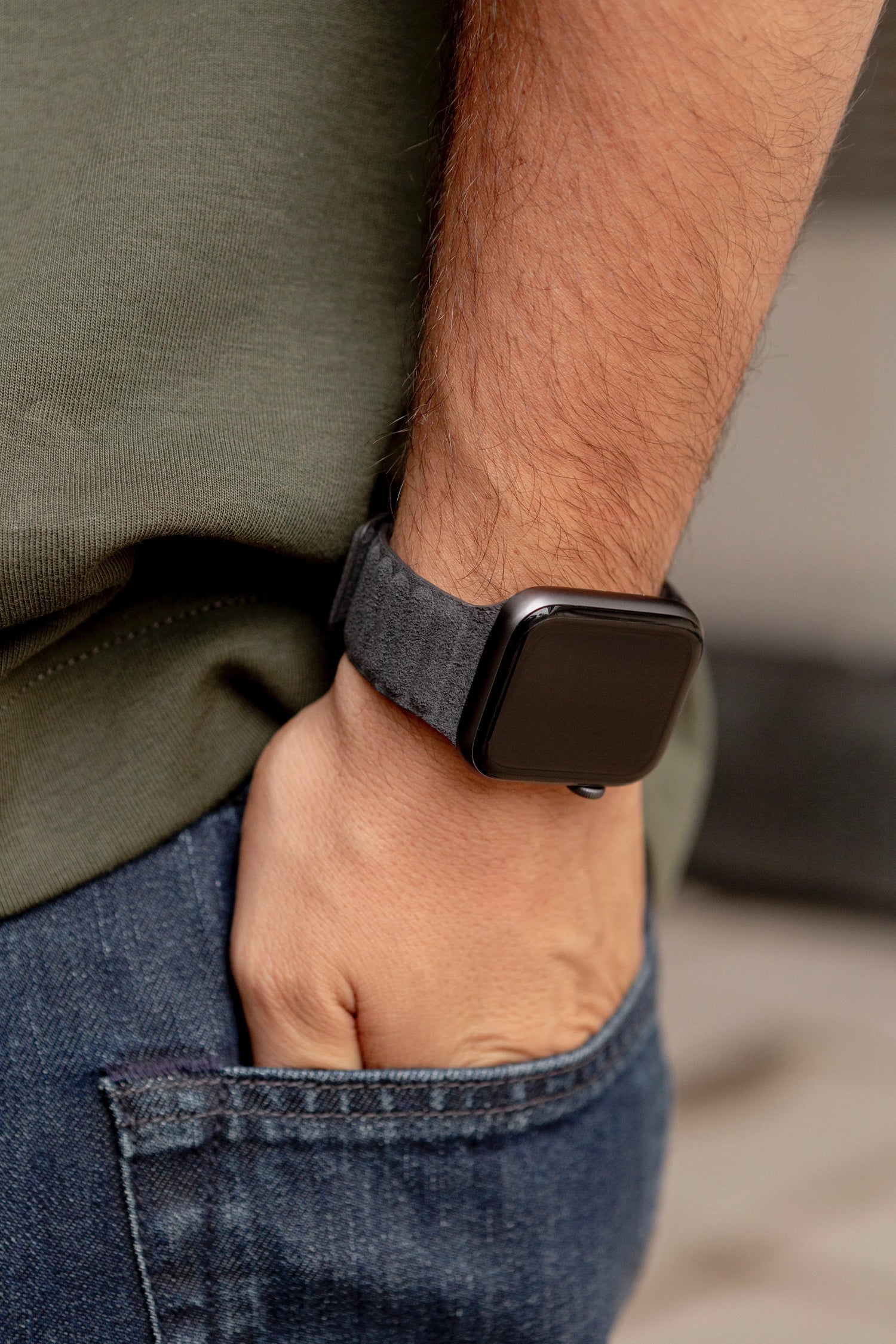 Luriax Alcantara watch band in Black Caviar on wrist