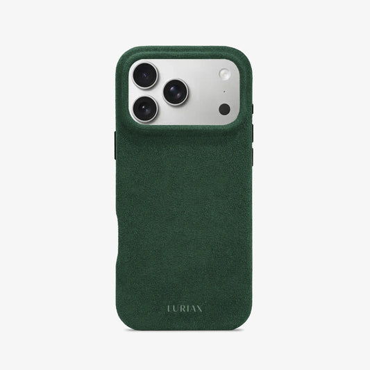 Luriax Signature Alcantara Suede iPhone 17 Pro Max Case in British Racing Green - Face