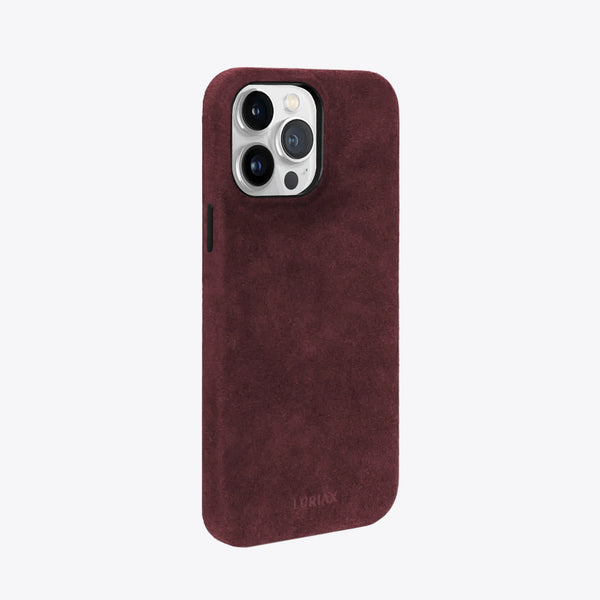 The Signature Handcrafted Case — iPhone 15 in Bordeaux, Alcantara® — side view | Luriax
