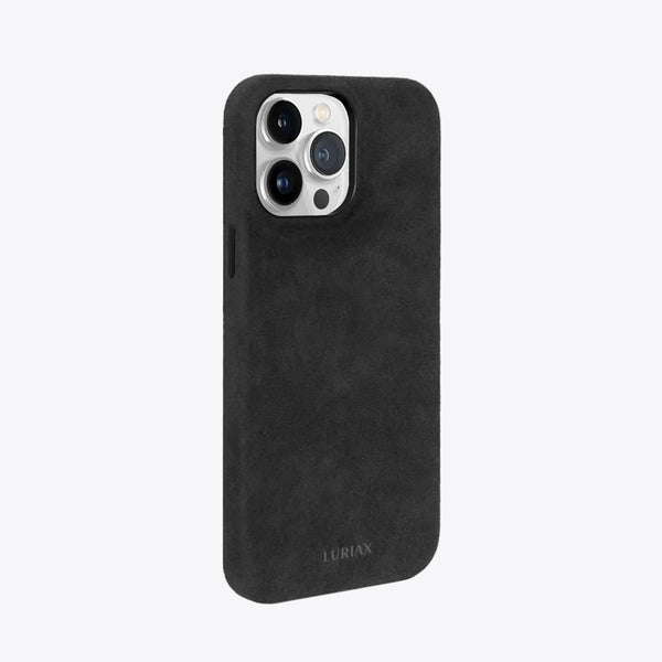 The Signature Handcrafted Case — iPhone 15 in Black Caviar, Alcantara® — side view | Luriax