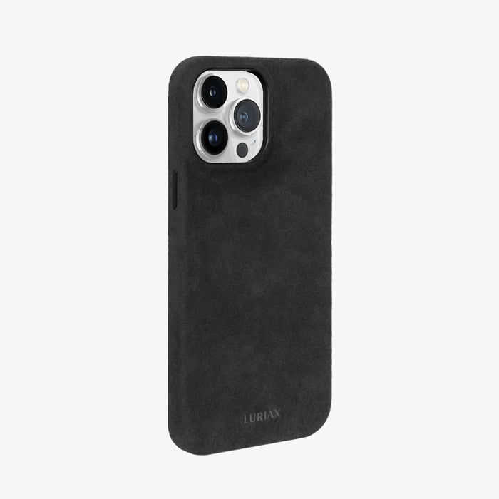 The Signature Handcrafted Case — iPhone 15 in Black Caviar, Alcantara® — side view | Luriax