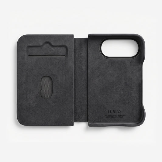 Luriax The Folio iPhone Duo case in Black Caviar, open and flat, showing the Alcantara lined interior and the single card slot inside the cover