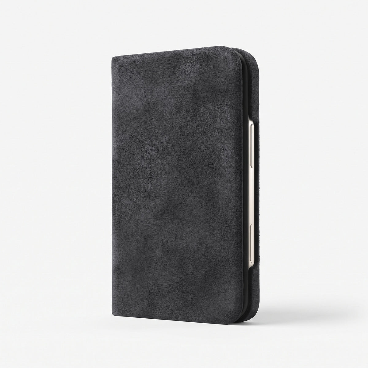 Luriax The Folio iPhone Duo case in Black Caviar Alcantara, closed, three-quarter view of the front cover