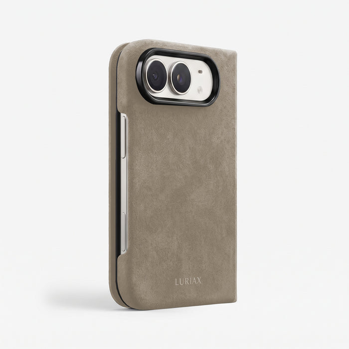 Luriax The Folio iPhone Duo case in Sand Alcantara, closed, three-quarter view from the back showing the camera cutout and slim spine