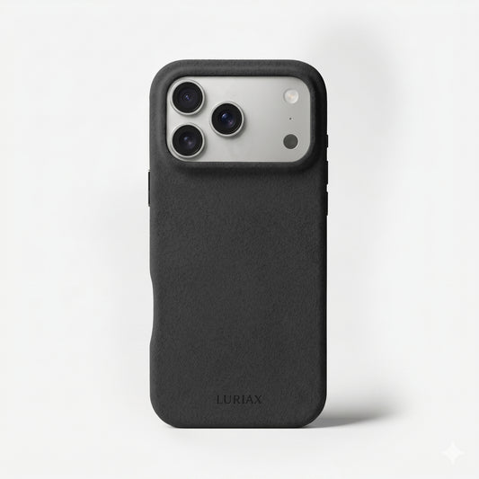 The Signature Handcrafted Case — Limited Edition iPhone 17 in Black Caviar, Alcantara® — front view | Luriax