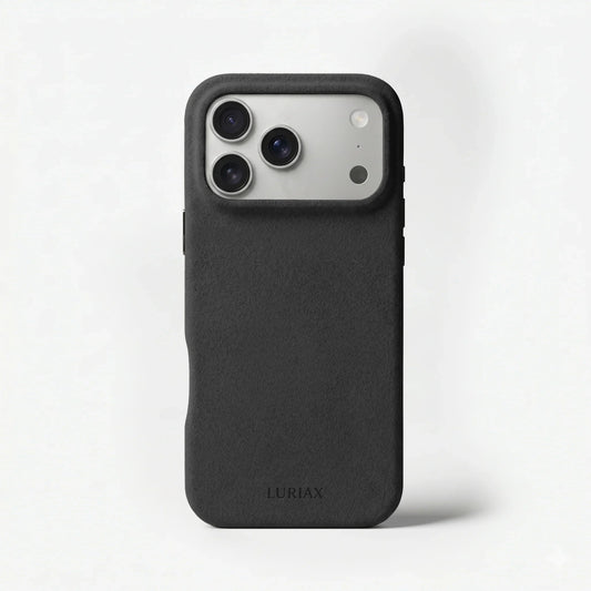 The Signature Handcrafted Case — Limited Edition iPhone 17 in Black Caviar, Alcantara® — front view | Luriax