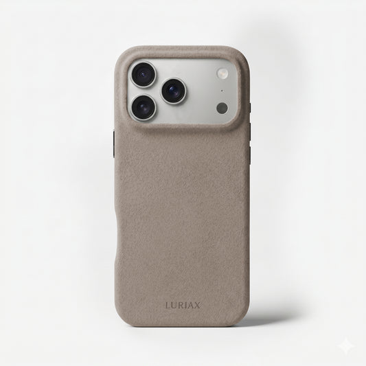 The Signature Handcrafted Case — Limited Edition iPhone 17 in Malibu Beige, Alcantara® — front view | Luriax