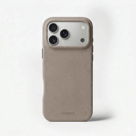 The Signature Handcrafted Case — Limited Edition iPhone 17 in Malibu Beige, Alcantara® — front view | Luriax