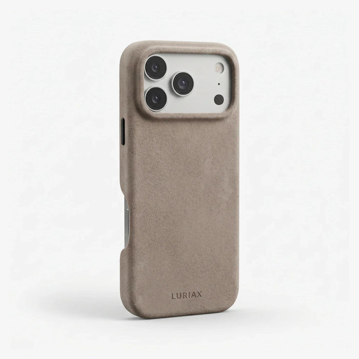 The Signature Handcrafted Case — Limited Edition iPhone 17 in Malibu Beige, Alcantara® — side view | Luriax