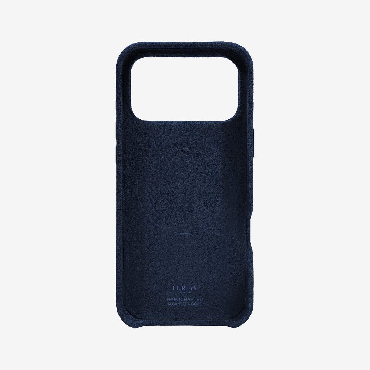 The Signature Handcrafted Case — iPhone 17 in Midnight Blue, Alcantara® — back view | Luriax