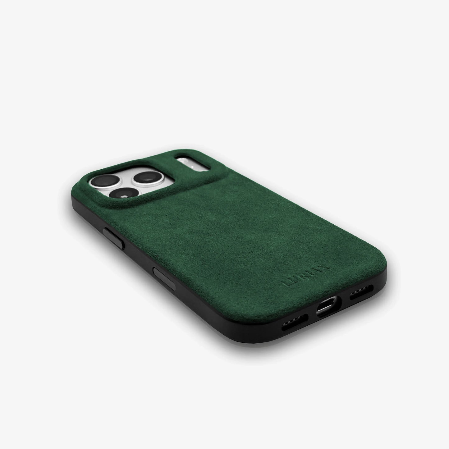 Luriax Alcantara Suede iPhone 17 Pro Max Case | British Racing Green - Corner