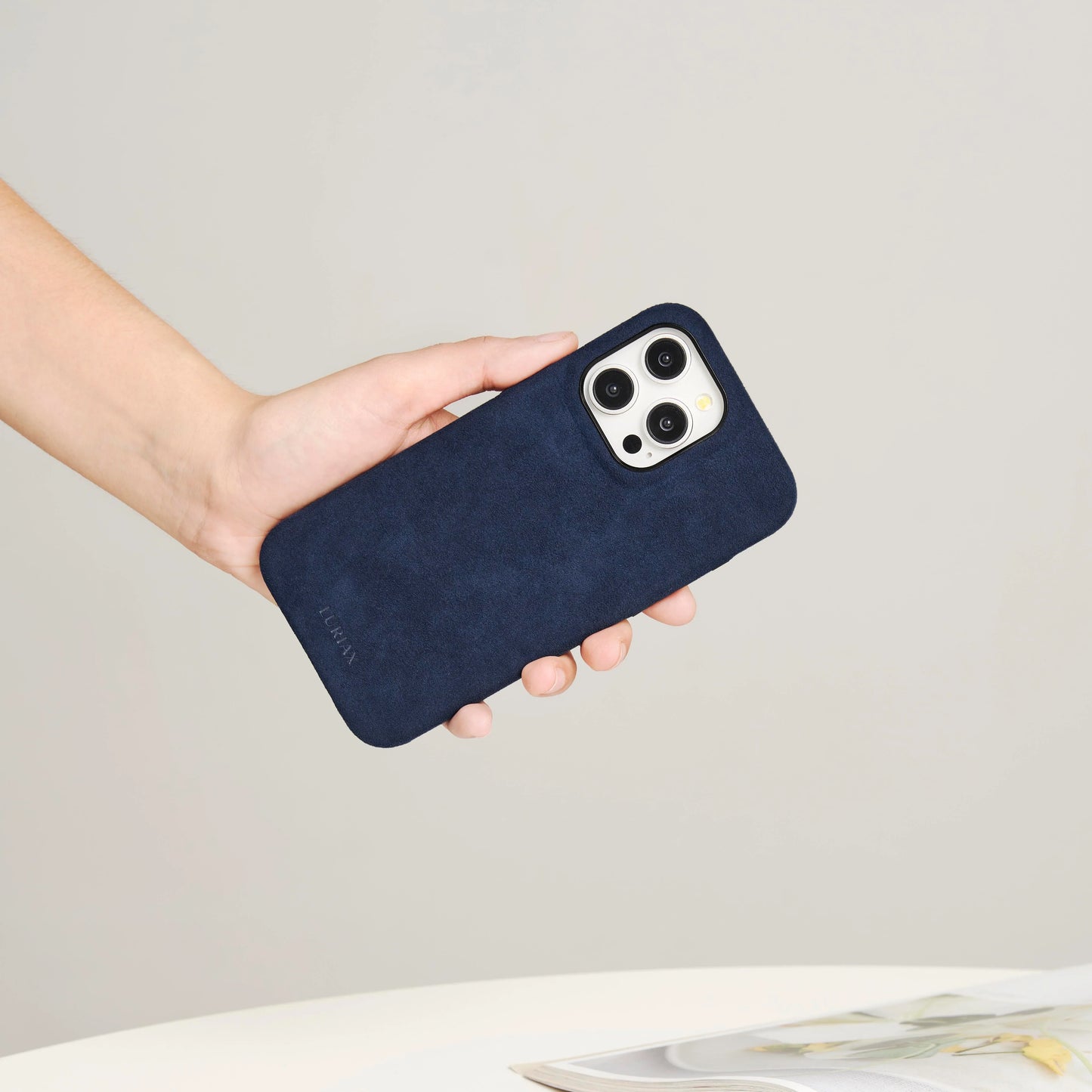 The Classic Alcantara Suede iPhone 16 Pro Max Case Dark Blue on White Titanium by Luriax - Lifestyle