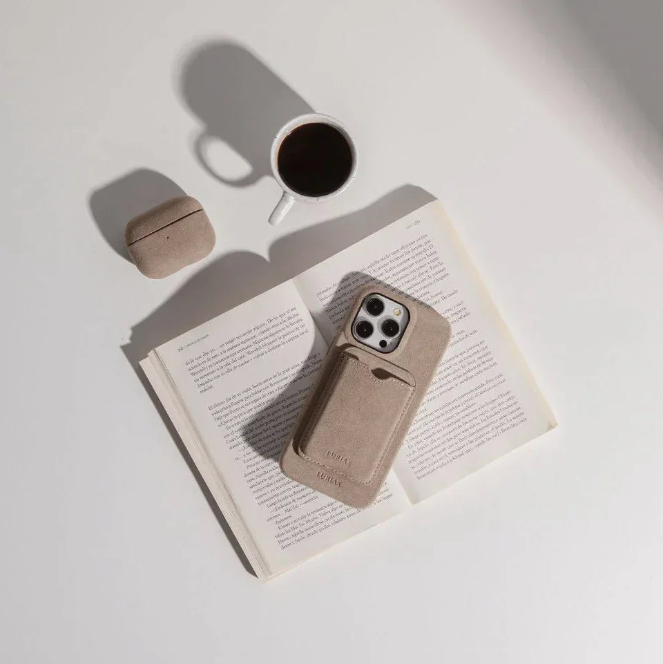 The Classic Alcantara Suede iPhone 16 Pro Max Case in Malibu Beige on White Titanium by Luriax - Lifestyle