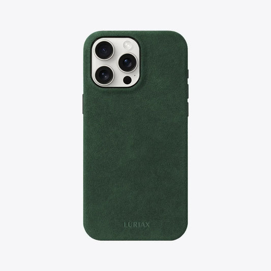 Alcantara Suede Leather iPhone 16 Pro Max Case and Accessories Collection - The Classic iPhone Case V2 - British Racing Green - Luriax