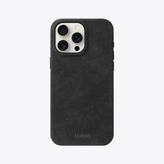 Alcantara Suede Leather iPhone 16 Pro Max Case and Accessories Collection - The Classic iPhone Case V2 - Charcoal Black - Luriax