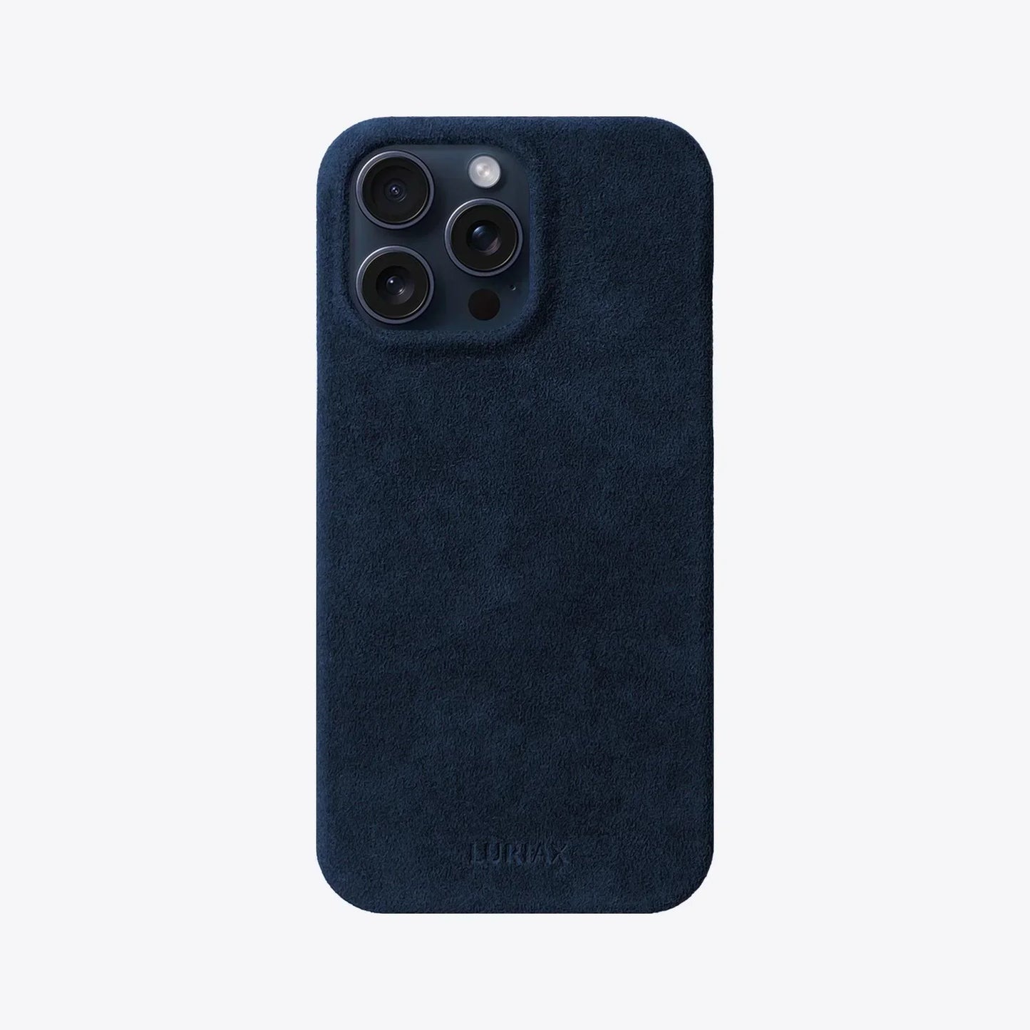 The Sport Alcantara iPhone 16 Pro Max Case in Dark Blue on Blue Titanium by Luriax - Front View