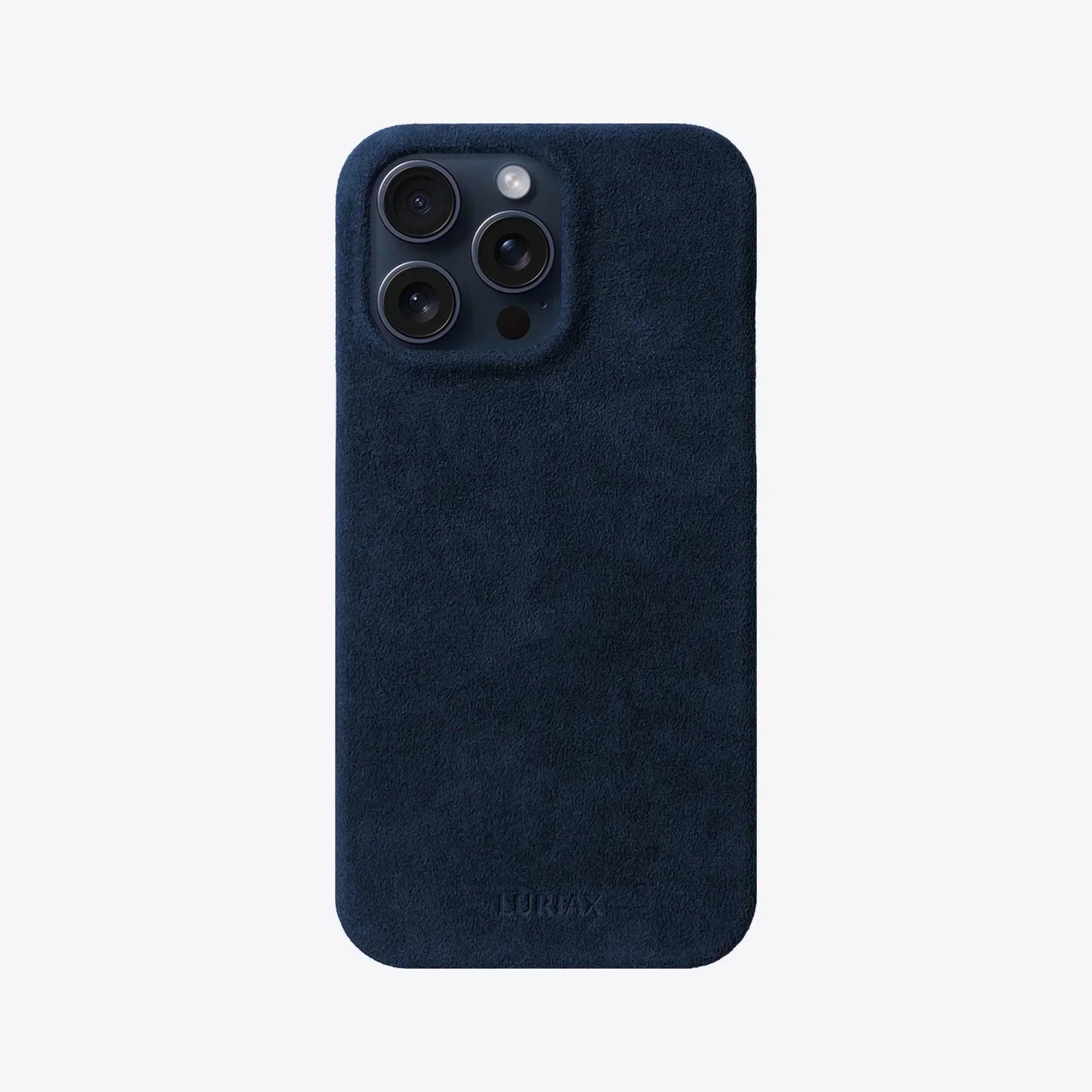 The Sport Alcantara iPhone 16 Pro Max Case in Dark Blue on Blue Titanium by Luriax - Front View