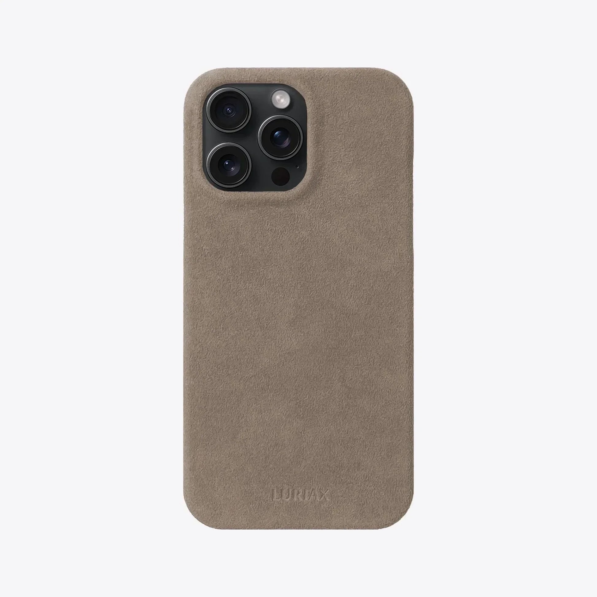 The Sport Alcantara Suede iPhone 16 Pro Max Case in Malibu Beige on Black Titanium by Luriax - Front View
