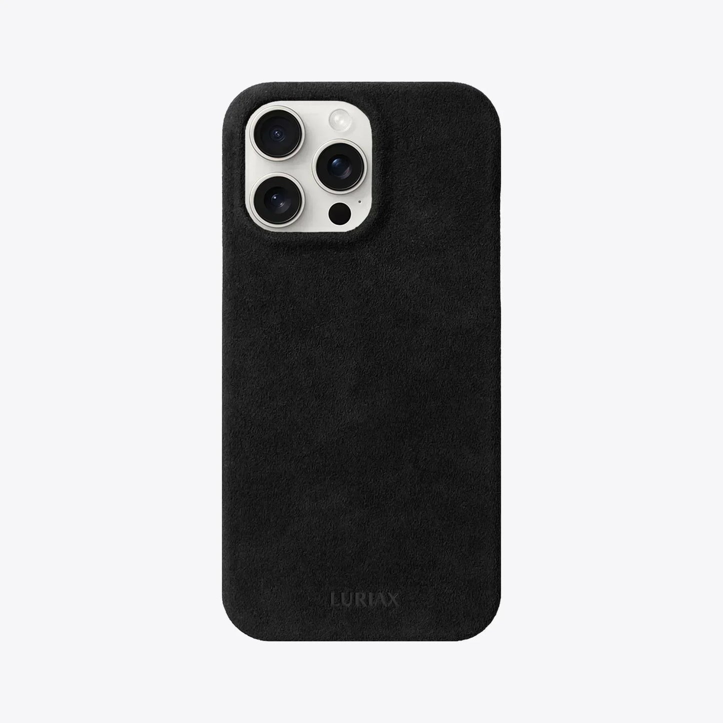 The Sport Alcantara Suede iPhone 16 Pro Max Case in Pure Black on White Titanium by Luriax - Front View