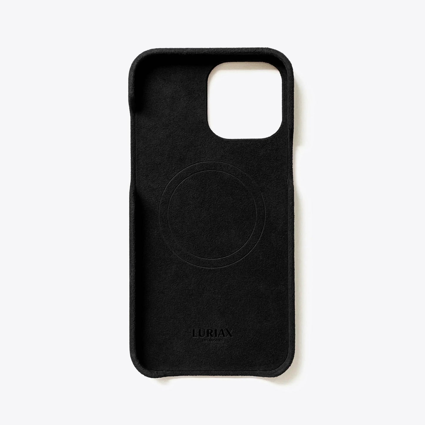 The Sport Alcantara Suede iPhone 16 Pro Max Case in Pure Black on White Titanium by Luriax - Rear View