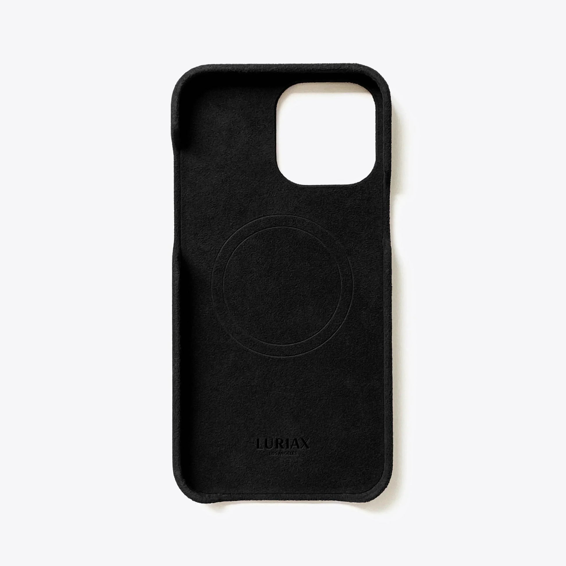 The Sport Alcantara Suede iPhone 16 Pro Max Case in Pure Black on White Titanium by Luriax - Rear View