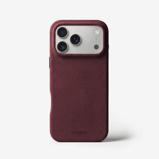The Signature Handcrafted Case — iPhone 17 in Bordeaux, Alcantara® — back view | Luriax