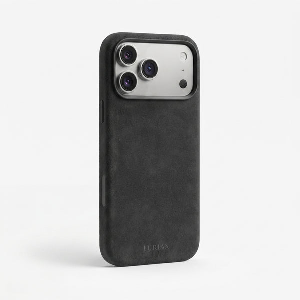 The Modern Case in Black Caviar, Alcantara®, for iPhone 17 Pro Max & iPhone 18 Pro Max — side view | Luriax