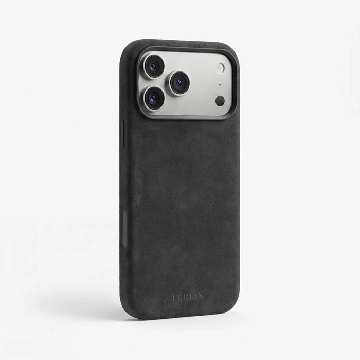 The Modern Case in Black Caviar, Alcantara®, for iPhone 17 Pro Max & iPhone 18 Pro Max — side view | Luriax