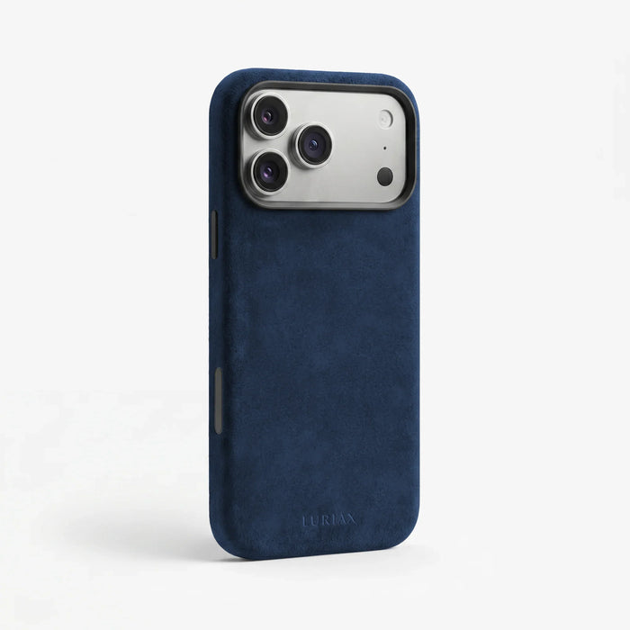 The Modern Case in Midnight Blue, Alcantara®, for iPhone 17 Pro Max & iPhone 18 Pro Max — side view | Luriax