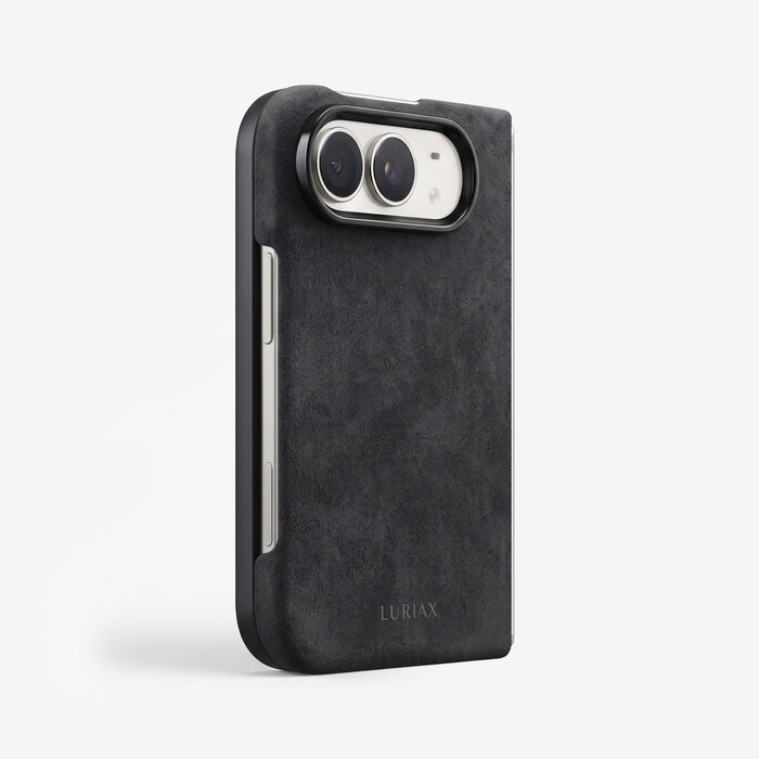 The Modern Case in Black Caviar, Alcantara®, for iPhone Duo — back view | Luriax