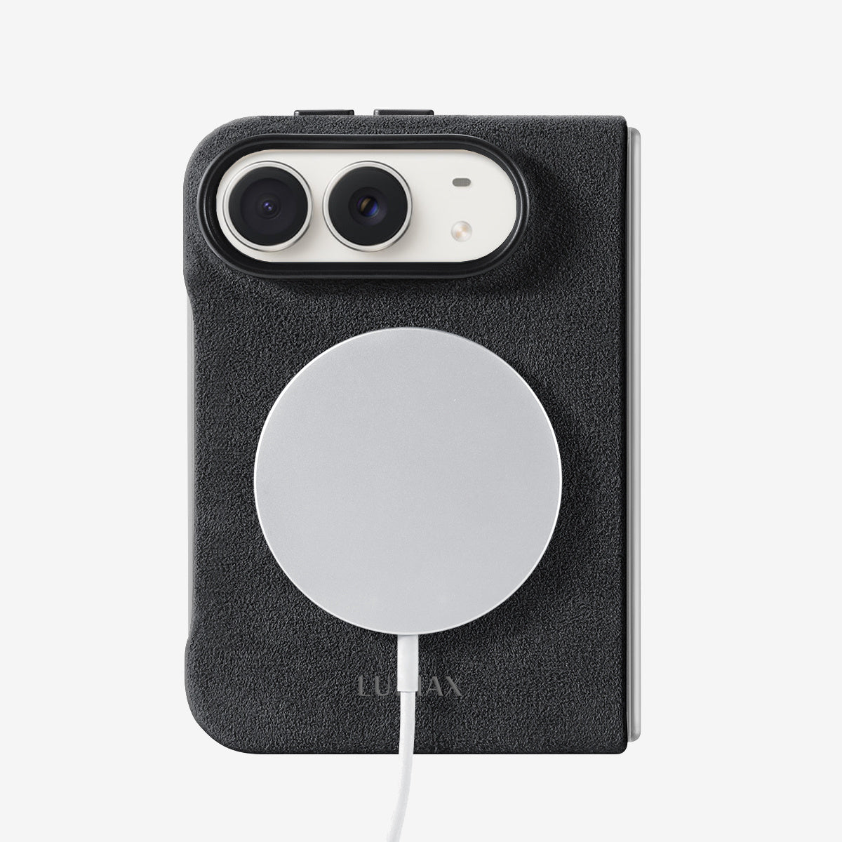 The Modern Case in Black Caviar, Alcantara®, for iPhone Duo — back view with MagSafe charger attached | Luriax