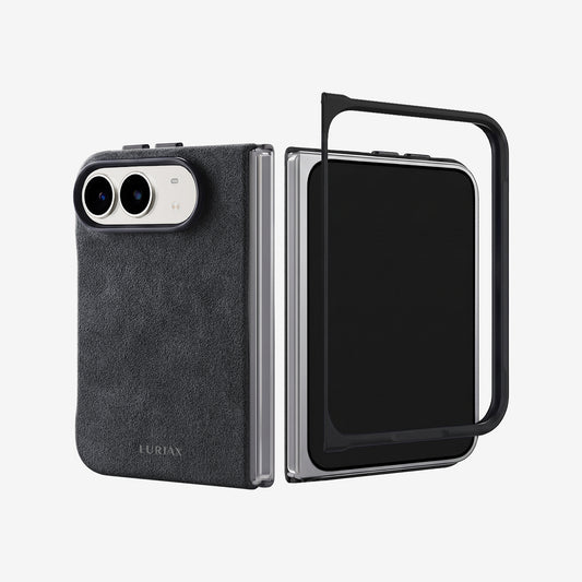 The Modern Case in Black Caviar, Alcantara®, for iPhone Duo — Alcantara back and slim front frame shown as two pieces | Luriax