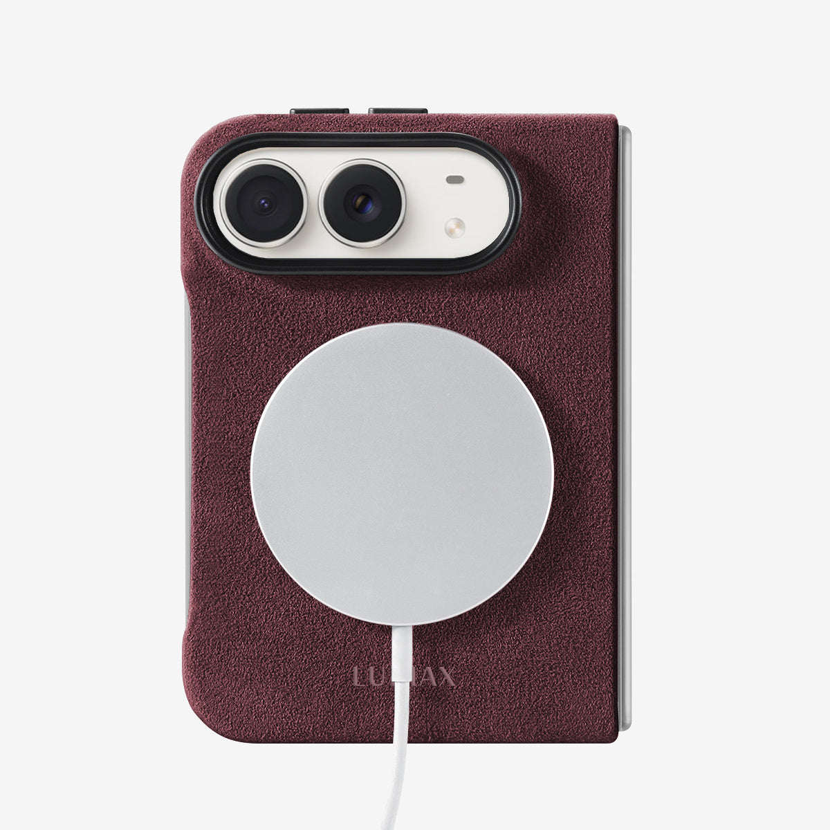 The Modern Case in Bordeaux, Alcantara®, for iPhone Duo — back view with MagSafe charger attached | Luriax